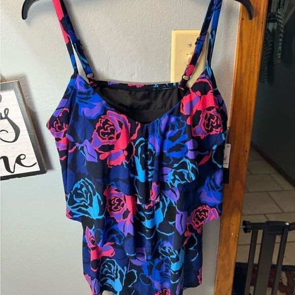 Aqua Green Women's UPF 50 Tiered Tankini Top Multi Floral NWT 1X - Picture 4 of 10